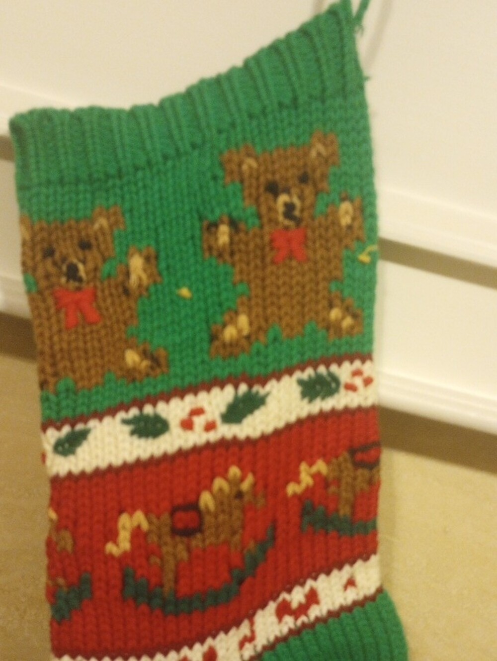 Festive Knit Christmas Stocking with Teddy & Snowman Motifs - Green/Red - Picture 3 of 5
